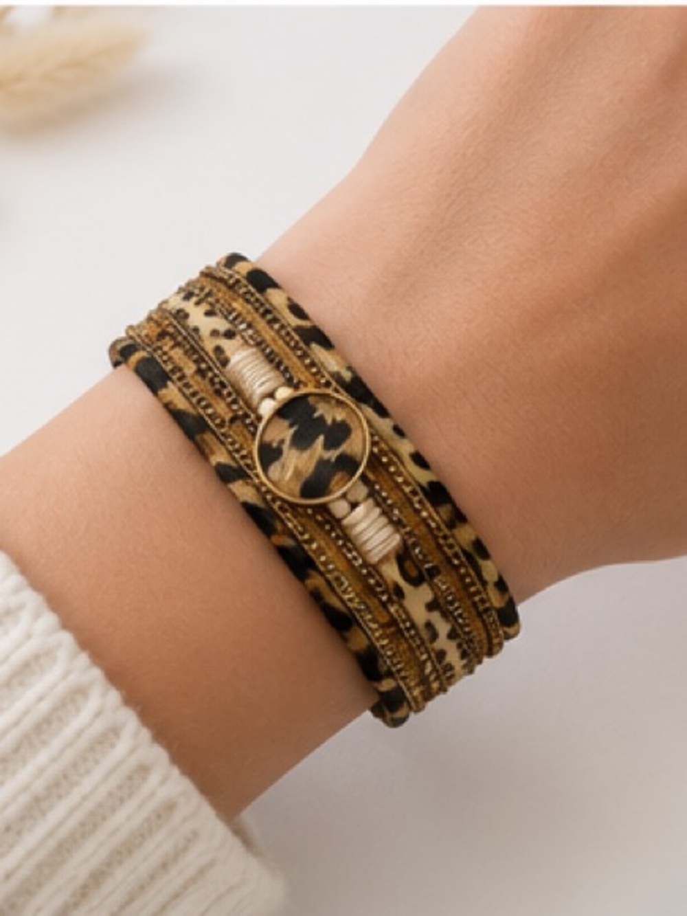 Leopard leather faux hair calf Wrap Bracelet - Picture 3 of 7